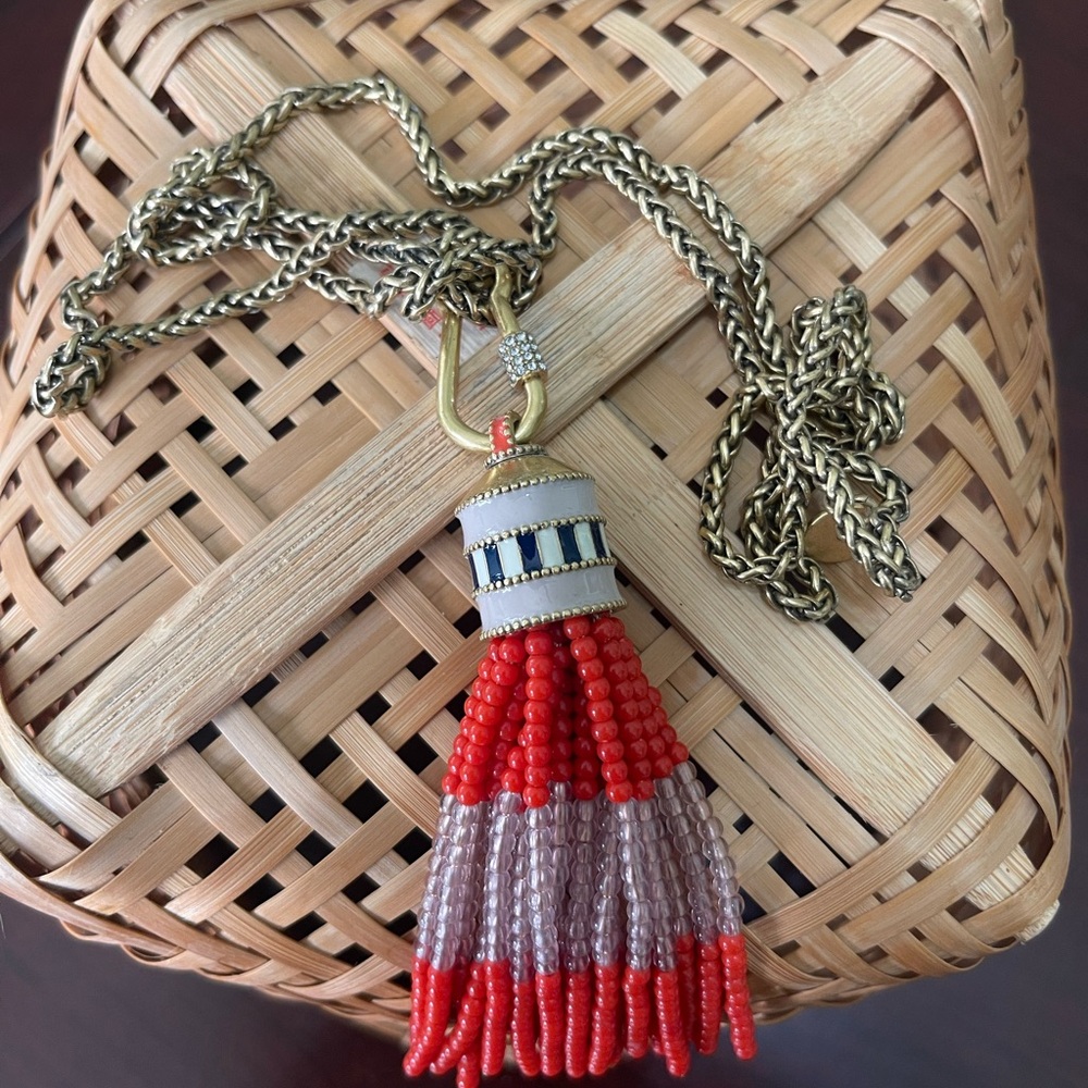 Stella & Dot Red and Gold Beaded Tassel Necklace